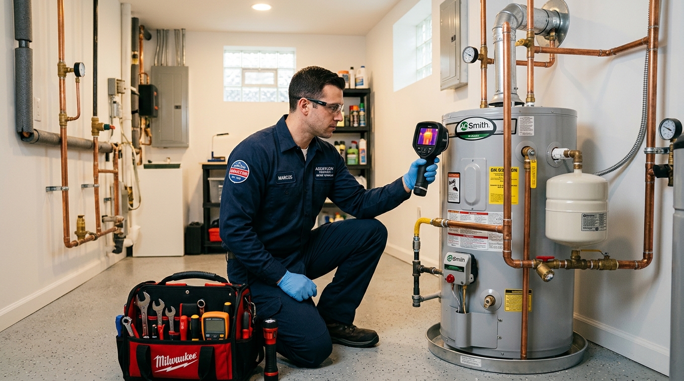 Professional water heater technician performing diagnostic inspection in Knoxville