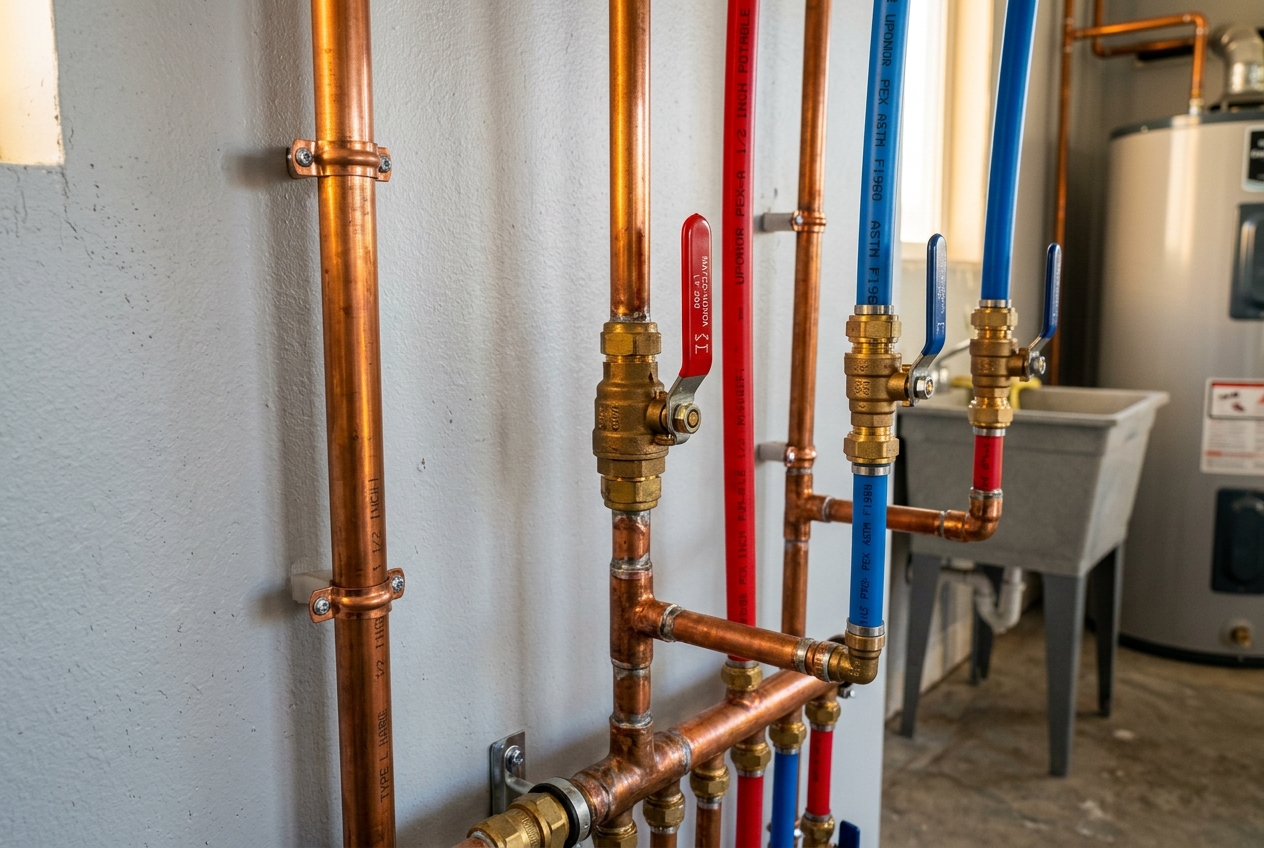 Copper and PEX plumbing pipes with brass fittings