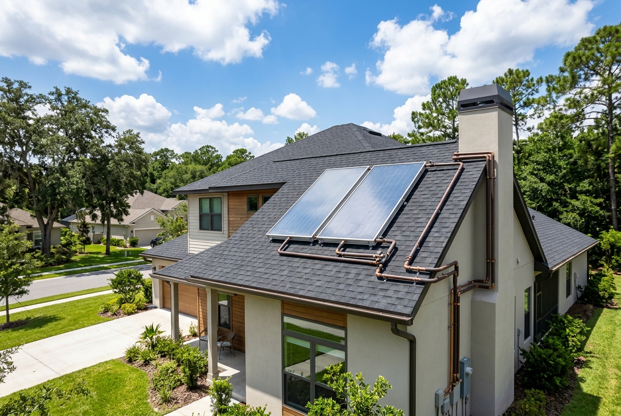 Solar water heating panels on residential roof